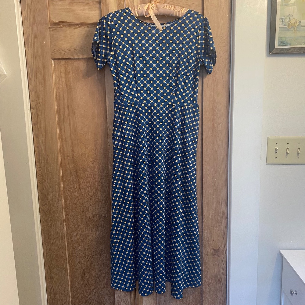 Karina Katherine Dress - Navy and Gold Cross Dots XS